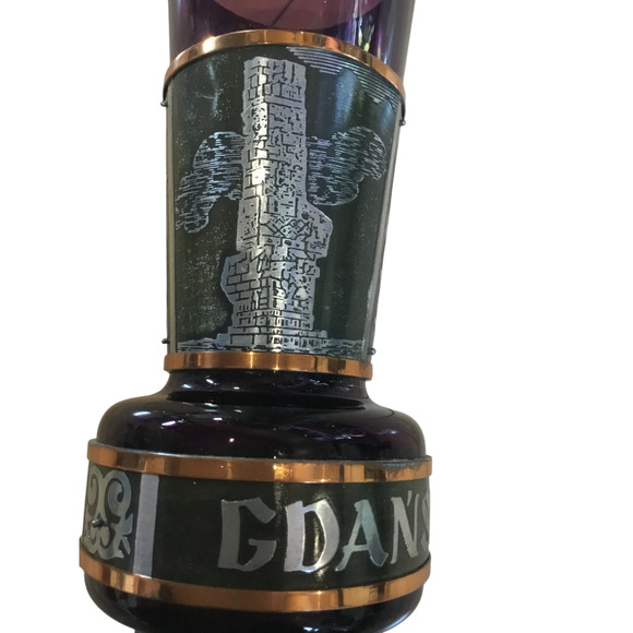 VTG Gdańsk Poland Souvenir Pitcher & Goblet Set – Amethyst Glass & Metal Etching - Picture 11 of 16